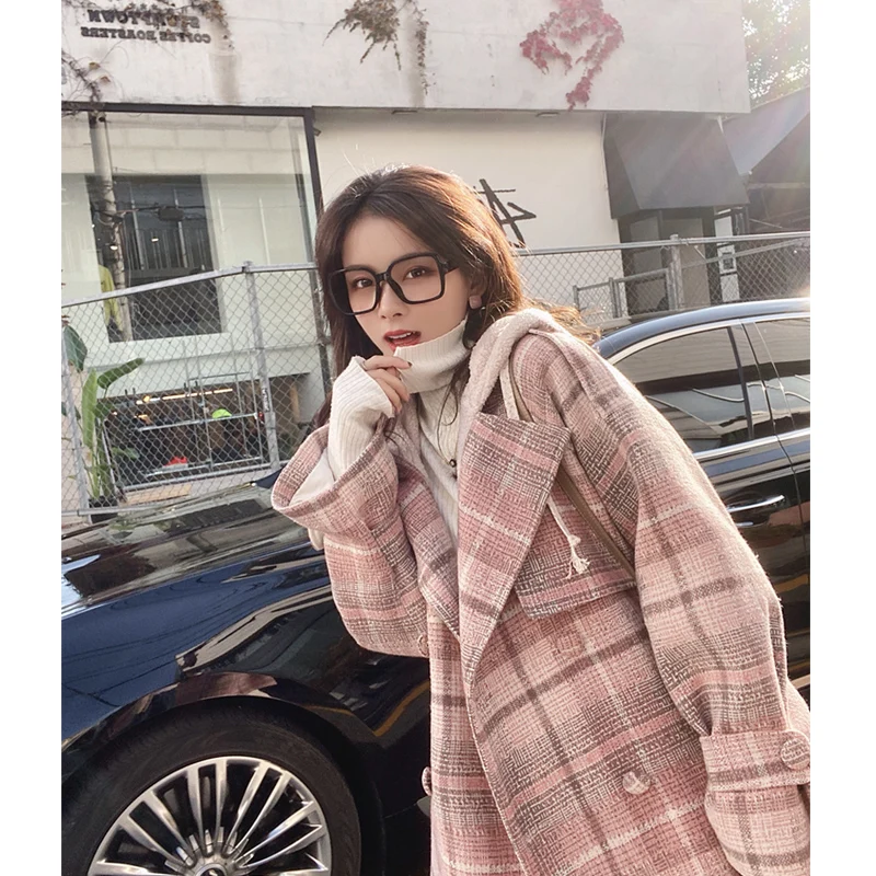 MISHOW зимнее женское Шерстяное Пальто в винтажном стиле с капюшоном, розовое клетчатое женское двубортное пальто средней длины с длинным рукавом MX19D9707
