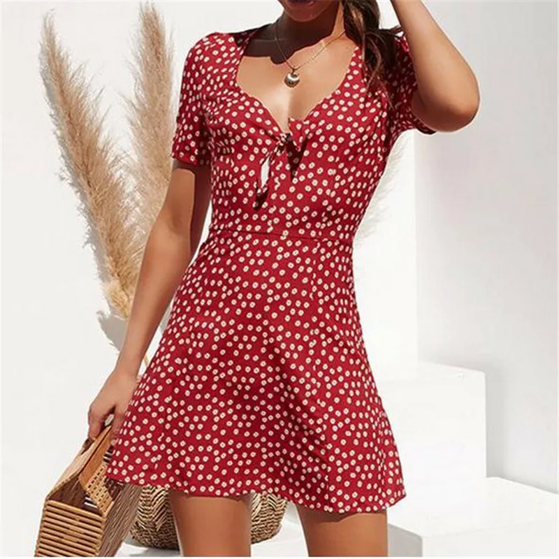 

2019 New Women Summer Casual Boho Short Sleeve Beach Dress Bandage Bodycon Evening Party Short Mini Sundress Green Red Yellow