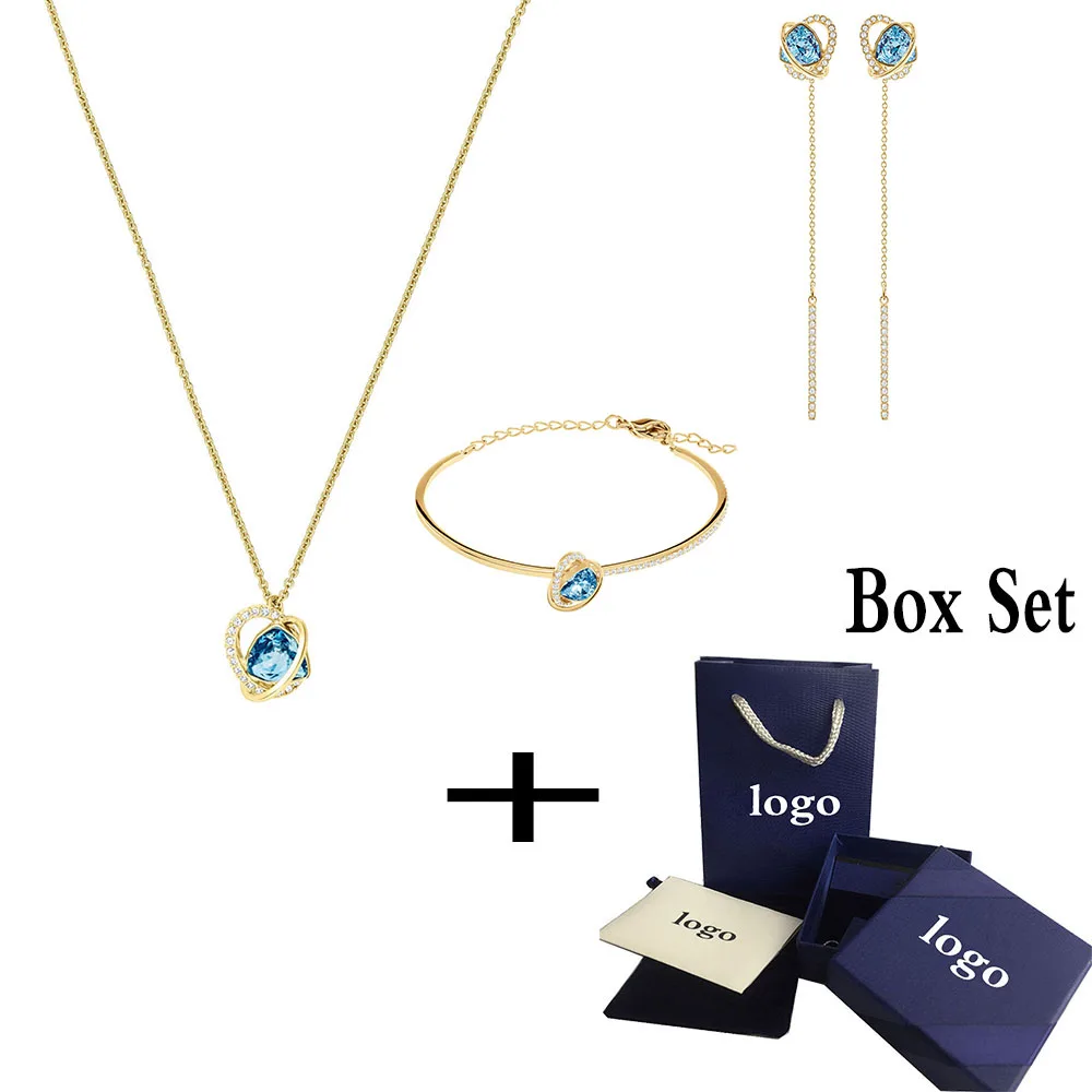 

SWA RO 2019 Generous Original New Outstanding Pendant Set Female Fashion Shiny Sea Blue Heart Crystal Engagement Jewelry Gift