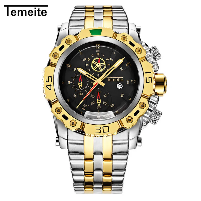 silver gold black TEMEITE Брендовые мужские часы полная сталь роскошные золотые мужские наручные часы Кварцевые водонепроницаемые мужские часы Citizen movement 3D циферблат дизайн - Цвет: silver gold black