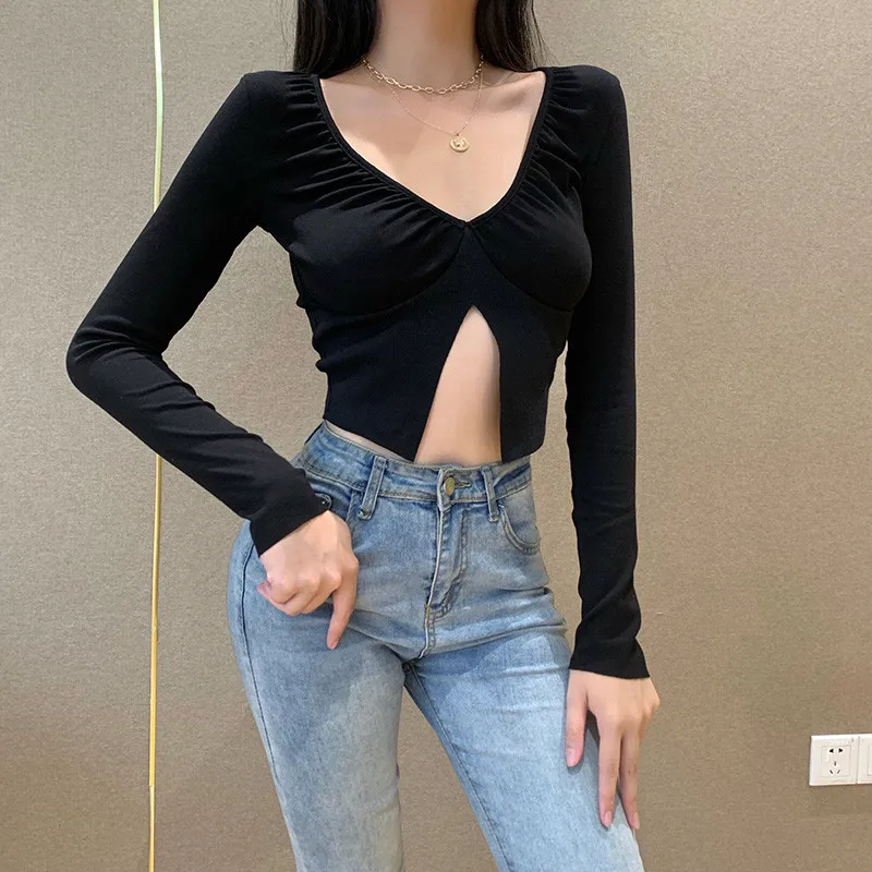 

Women's Solid Color Long-sleeved V-neck Split Top Slim Cutout Short T-shirt Lady Sexy Navel-cropping Outfit Nightclub Party Wear