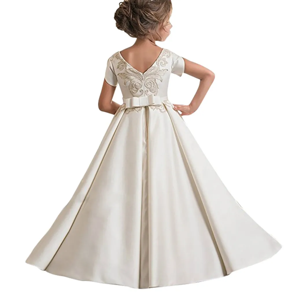 Золотое кружевное платье с вышивкой для девочек на свадебную вечеринку; платье с цветочным узором для девочек; длинное фатиновое детское платье принцессы для торжеств; платье для первого причастия для девочек