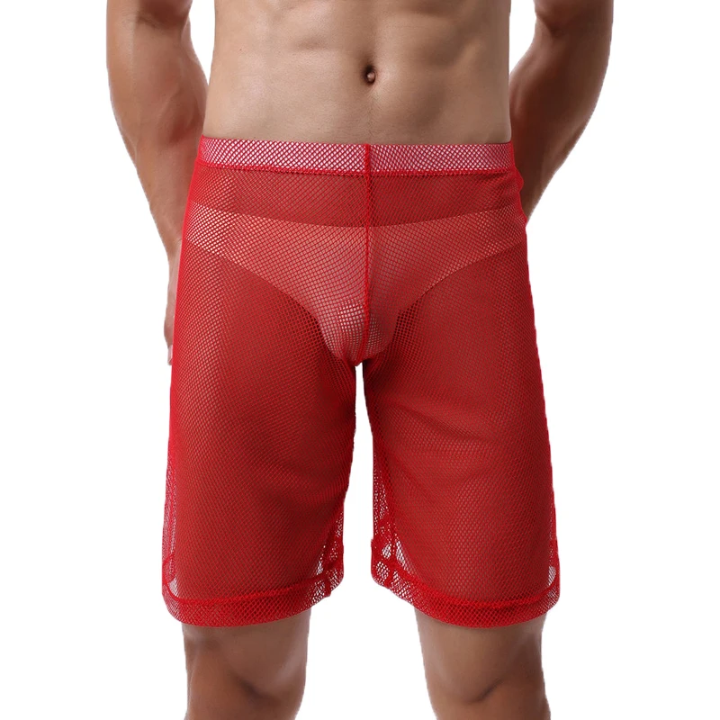 Mens Sleep Bottoms Mesh Transparent Casual Loose Fishnet Shorts Sheer Lingerie Pantalon Erotic Gay Sleepwear Slip Pyjamas Pants