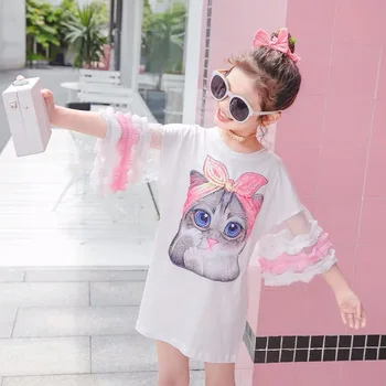 

Summer girls dress baby tee dress kids fashion streetwear Children vestidos sequin cat patch mesh puff sleeve 4 to 14 yrs