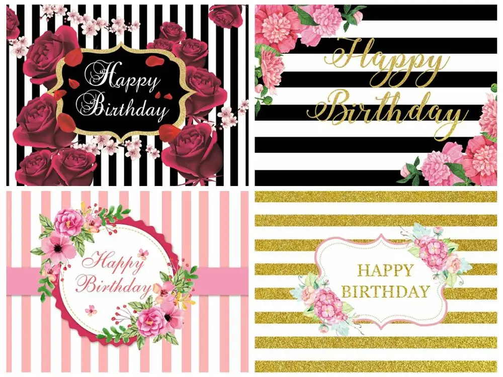 Laeacco Stripe Backdrops Black And White Happy Baby Birthday Party Cherry Flowers Poster Portrait Photo Backgrounds Studio | Электроника