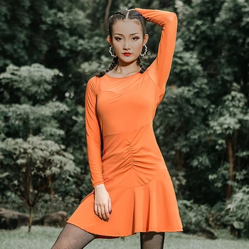 

Latin Dance Dress Orange Tassel Long-Sleeved Dresses Female 2019 New Sexy Practice Training Clothes Women Ballroom Wear DWY2485