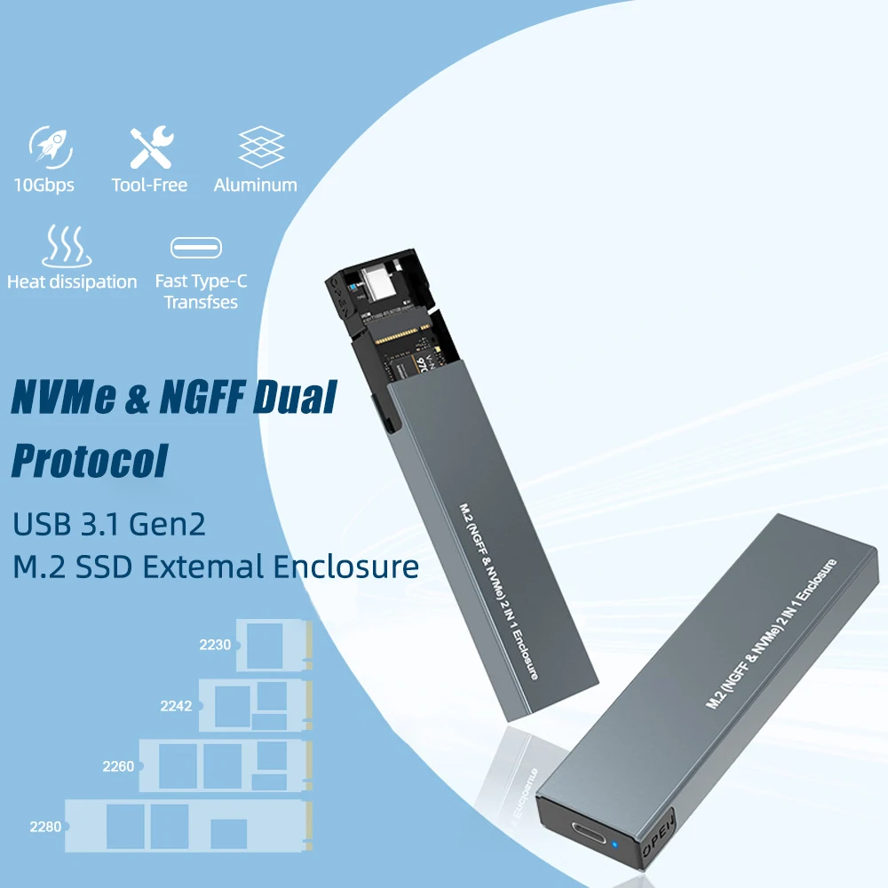 M2 SSD Case NVMe Enclosure M.2 to USB 3.1 Gen 2 SSD Adapter Dual Protocol For NVME NGFF SATA M+B Key 2230/2242/2260/2280 ssd enclosure ssd adapter hard drive enclosure