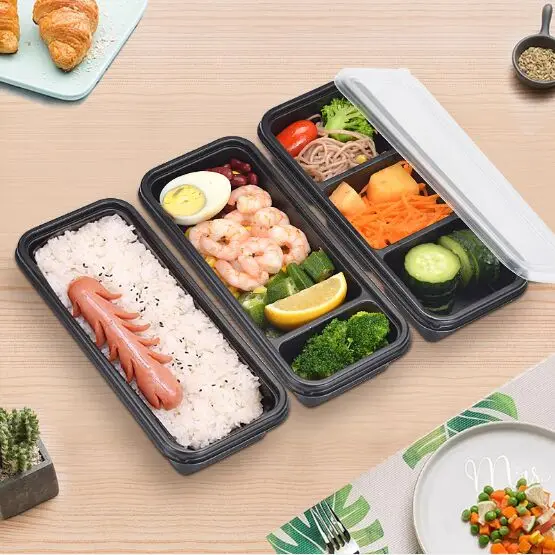 

50 Pcs 500ml Plastic Disposable Bento Box Meal Storage Food Prep Lunch Box 3 Compartment Microwavable Containers Home