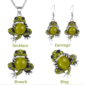 

New Cute Pet Jewelry Cat's Eye Opal Frog Earrings Elastic Ring Pendant Necklace Brooch Exquisite 4pcs/Set Frog Jewelry Set