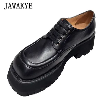 

Super Fire Platform Shoes Women's Thick Soles Single Shoes Real Leather Lace Up Runway Square Toe College Shoes Zapatos Mujer