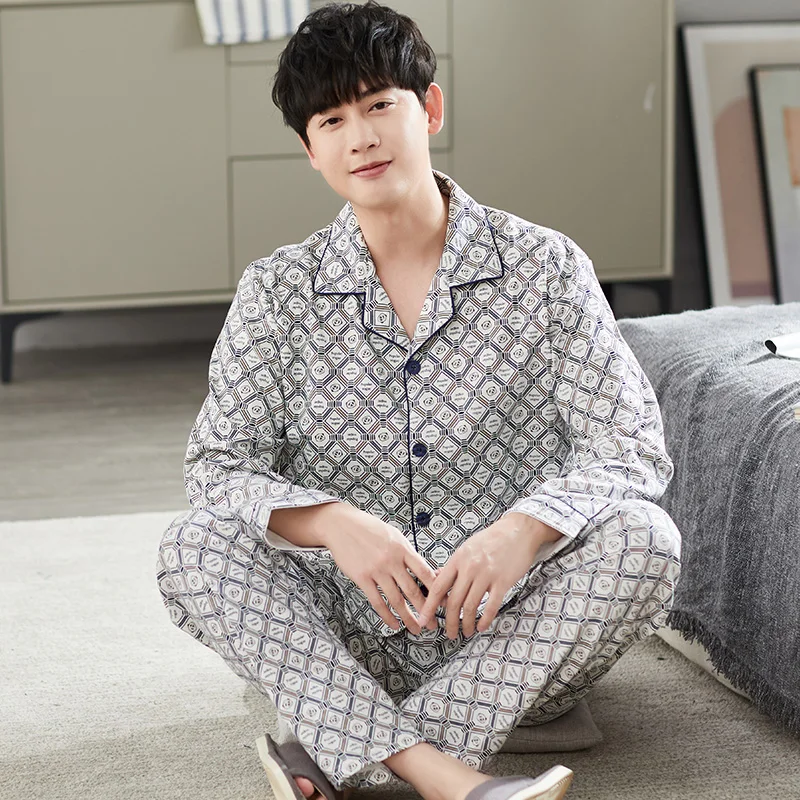 Men Pyjama Set Full Cotton Spring Long Sleeve Print Men Pajama Suit Autumn Nightwear Collar Pijama Male Sleepwear Two Piece 4XL mens cotton pyjamas Pajama Sets