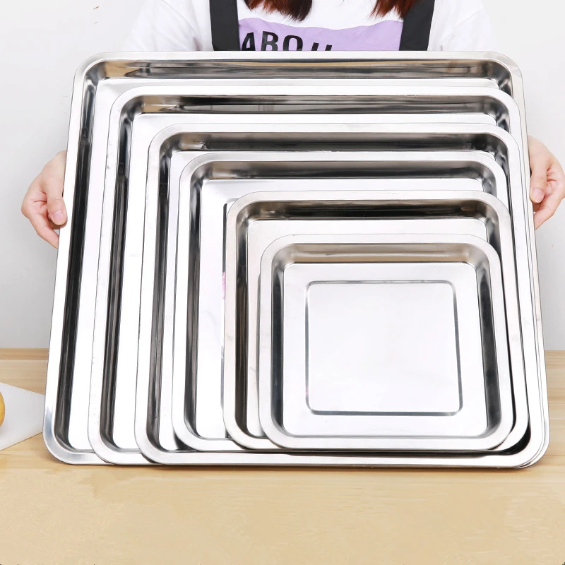 Square Stainless Steel Food Fruit Storage Tray Cake Barbecue Pastry Steamed Sausage Shallow Pans Plate Dish Kitchen Accessories 2