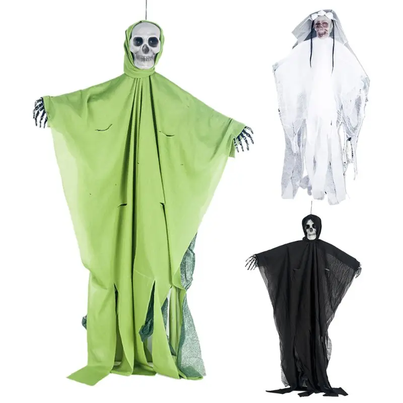 

80x50cm Halloween Hanging Ghost with Distressed Hooded Robe Realistic Skull Face Haunted House Horror DIY Decorations Props