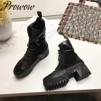 

New Genuine Leather Black Lace Up Thick Heel Ankle Boots Sexy Platform Thick Heel Autumn Winter Boots