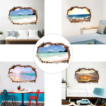 

1Pc Removable 3D Effect Break Through Wall Sticker Sea Ocean Beach Design Decal Living Room Decor Наклейки