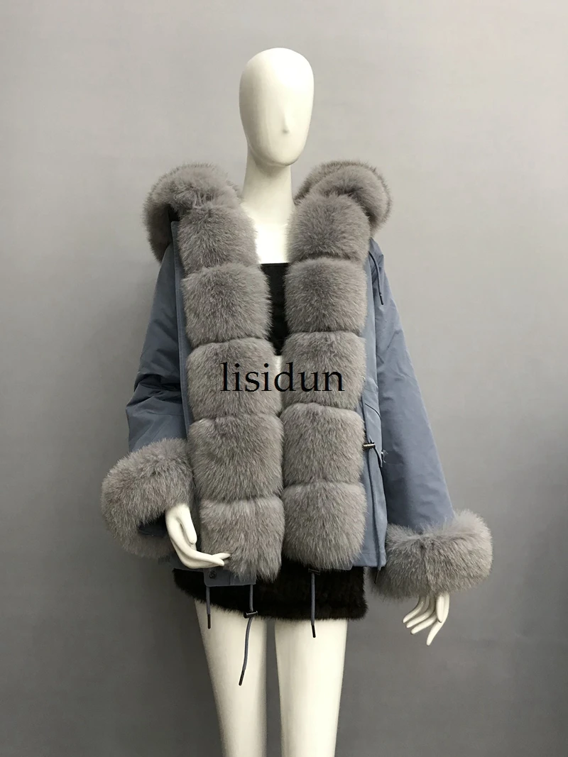 LISIDUN настоящая меховая Парка женская зимняя куртка натуральный Серебряный лисий мех пальто с капюшоном настоящая подкладка из кроличьего меха куртка женская шуба