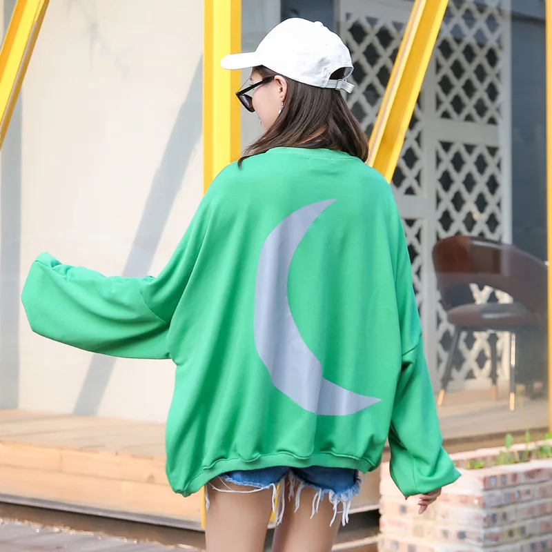 Зима флуоресцентный зеленый светоотражающий Луна спутниковая одежда корейское издание шикарный свободный и тонкий топ толстовки для женщин
