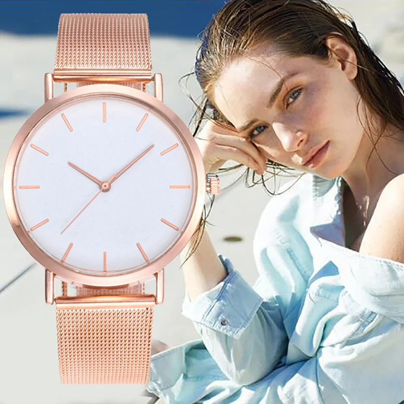 Женские часы из розового золота чехол нержавеющей стали с сетчатым ремешком