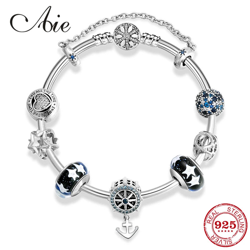925 стерлингового серебра романтическая цепочка из змеиных костей браслеты синие Звездные стеклянные бусы, амулеты якорь ювелирные браслеты и кулоны