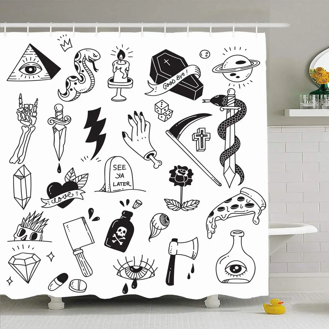 

Shower Curtain Set with Hooks 72x72 Various Tattoo Element Doodle Pyramid Isolated Axe On Sticker Signs Style Symbols White