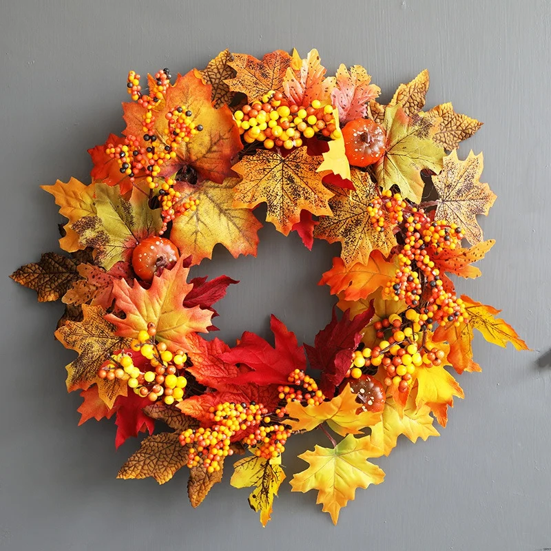 Artificial Maple Leaves Wreath With Pumpkin And Berries Fall Harvest Thanksgiving Halloween Holiday Front Door Wall Hanging