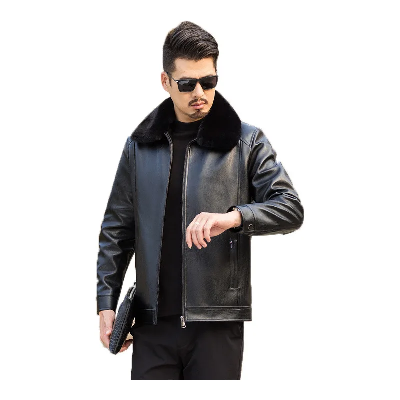 

2020 New Men's Leather Jacket Winter Plus Fat Size Leather Jacket Plus Velvet Fur Lapel Turn-down Collar leather jacket