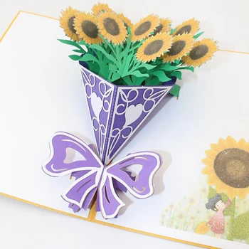 

Yellow Hollow Cover Greeting Card Engraving Sun Fower Bouquet 3D Paper-cut Greeting Card Thanksgiving Mother's Day Greeting Card