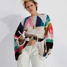 Богемный Вдохновленный многоцветный женский пуловер вязаный зимний модный свитер женский с разрезом рукав круглый вырез джемпер