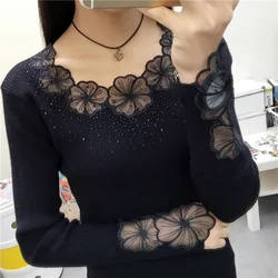 New Pullover Sweater Women's Loose Long Sleeve Embroidered Crew Neck Knitted Lace Hollow Sexy Bottoming Shirt Knitwear