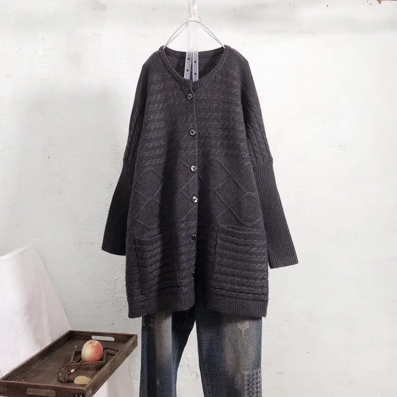 Black Gray Кардиганы женские топы Повседневная Женская одежда новые осенние зимние однобортные карманы с круглым вырезом свободные женские пальто - Цвет: Black Gray