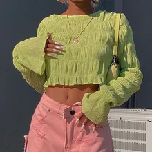 

Korean Style Pleated Round Neck Women's New Long-sleeved Belly Button All-match Crop Top Women Y2k Aesthetic 2021 Autumn