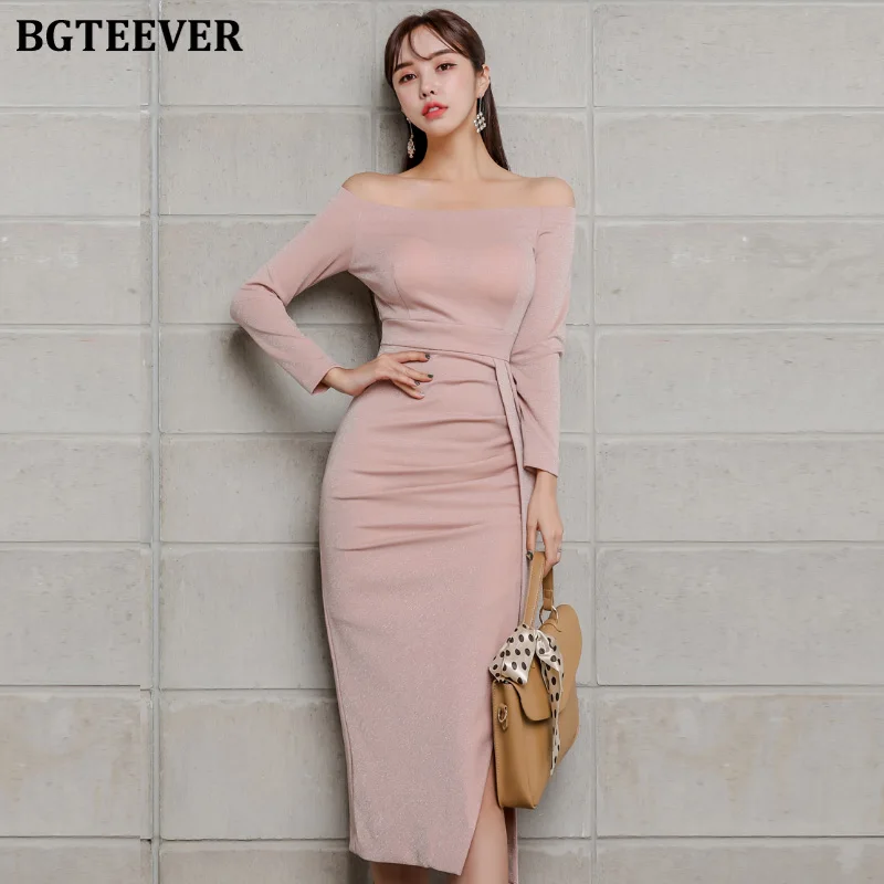 

BGTEEVER Retro Off-shoulder Lace Up Side-split Women Dress Ruched Sheath Full Sleeve Female Dress Bodycon Vestidos Femme 2019