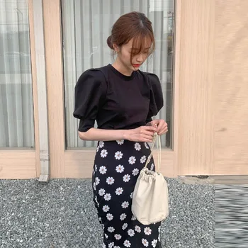 

Retro Floral High Waist Hip Mermaid Skirt Set 2020 Summer New Fashion Two Piece Set Women Puff Sleeve Tops + Chiffon Midi Skirt