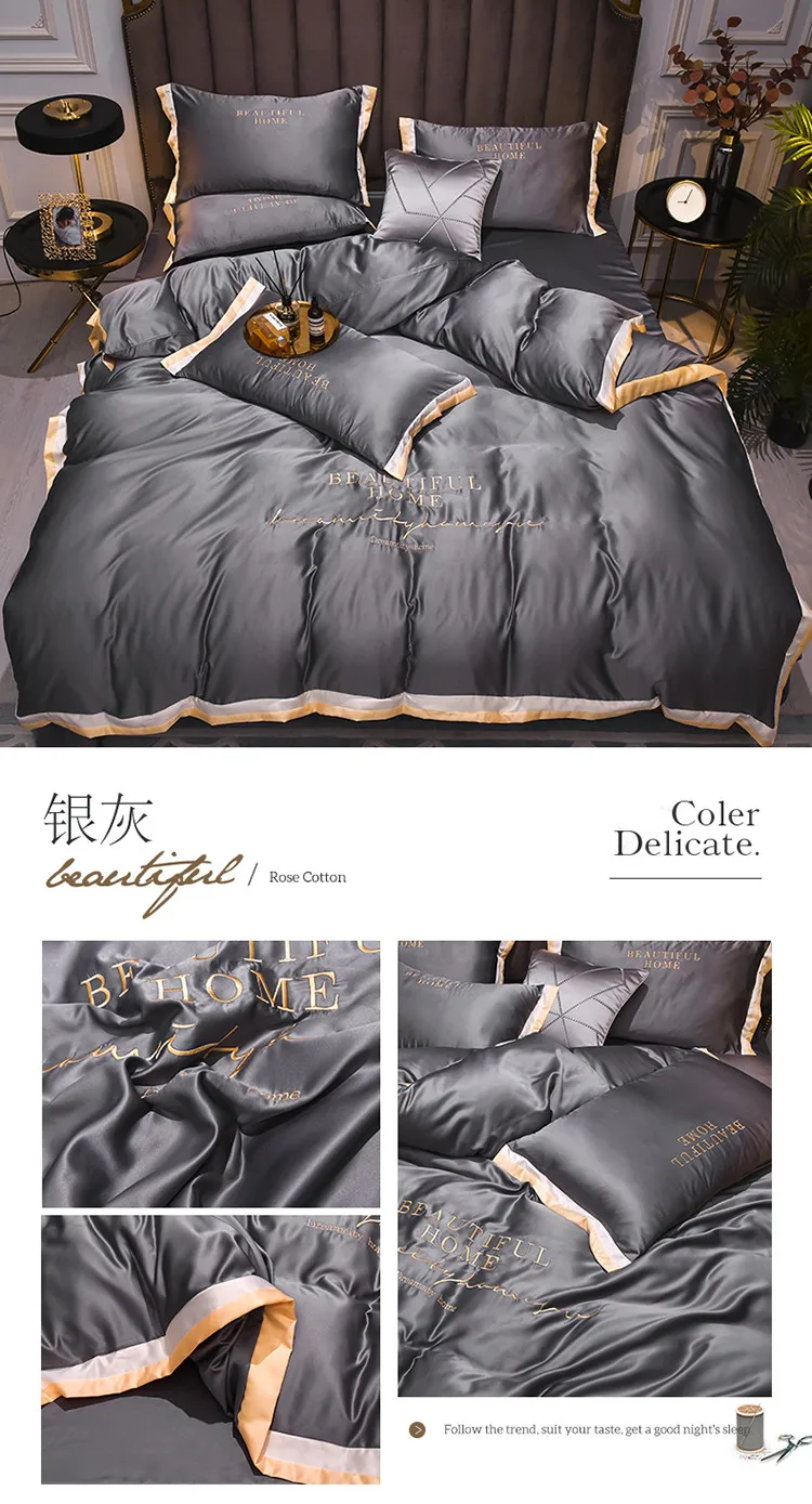 Luxury Bedding Sets Pink Grey White Rayon Embroidery Sheet Quilt Pillowcase Comfortable Soft Fluffy Bedding King Queen 4pcs