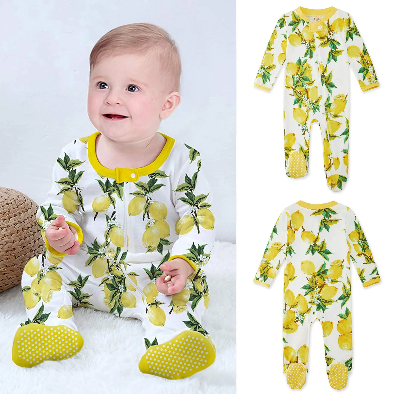 Baby Romper Infant Boys Girls Lemon Print Pajama Sleeper Zipper Footed Jumpsuit Bebek Giyim ropa de niña | Детская одежда и обувь