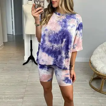 

38# Womens Tie-dye Pajamas Set Half Sleeve Tops Shorts Loungewear Sets Sleepwear Loungewear Nightwear Sleepwear Plus Size