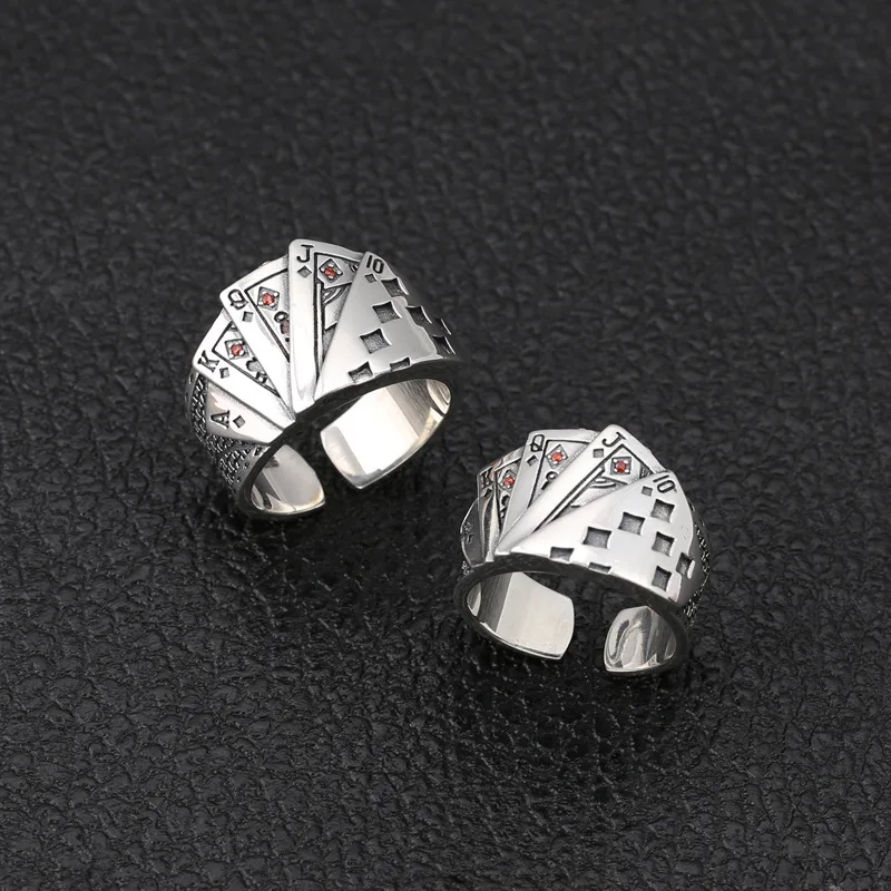 Подлинные 925 пробы серебряные женские винтажные Простые открытые кольца Poker дизайнерские модные украшения для женщин открывающиеся Регулируемые кольца подарок