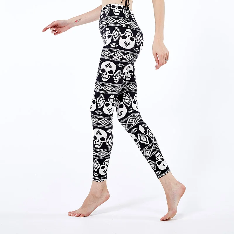 

Rylanguage Plus Size Women Leggings Fashion Pants Black Skull Flower Print Fitness Leggings Women Trousers Slim Pants Leggings