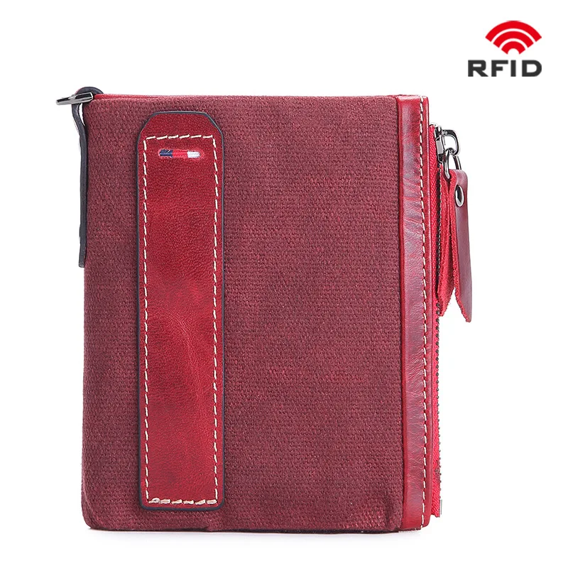 Crazy Horse Leather Man Wallet Leather Short Anti-RFID Pirate Brush Oil Wax Canvas Double Zip Wallet
