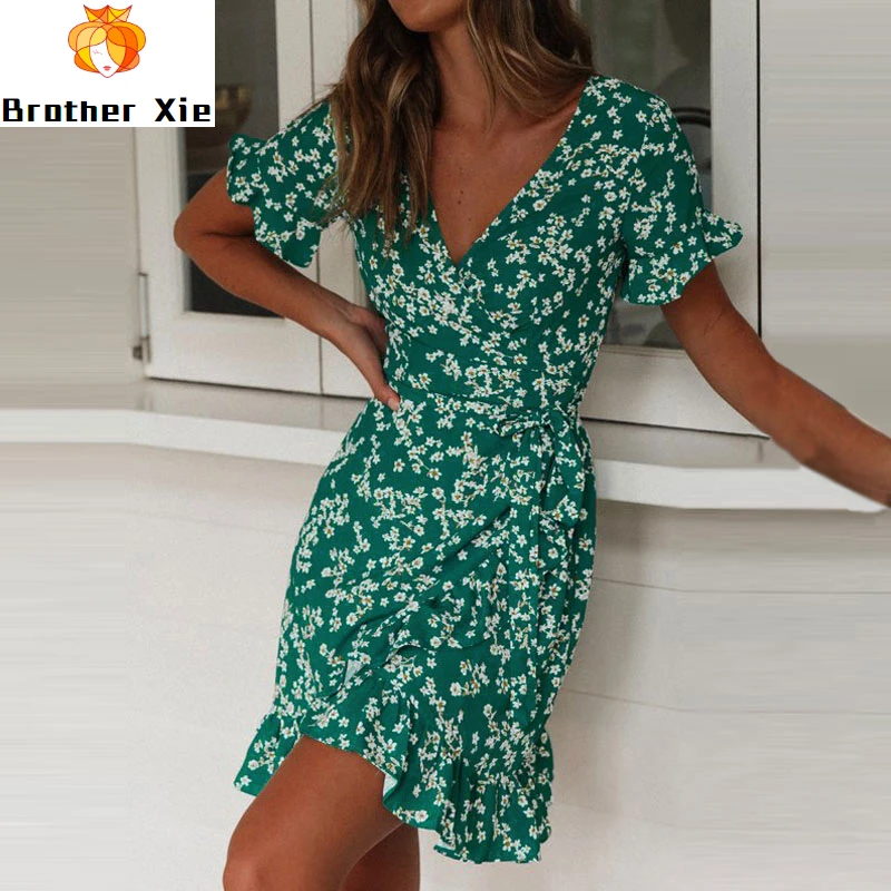 

Women Dresses Summer 2020 Sexy V Neck Floral Print Boho Beach Dress Ruffle Short Sleeve A Line Mini Dress Wrap Sundress Robe