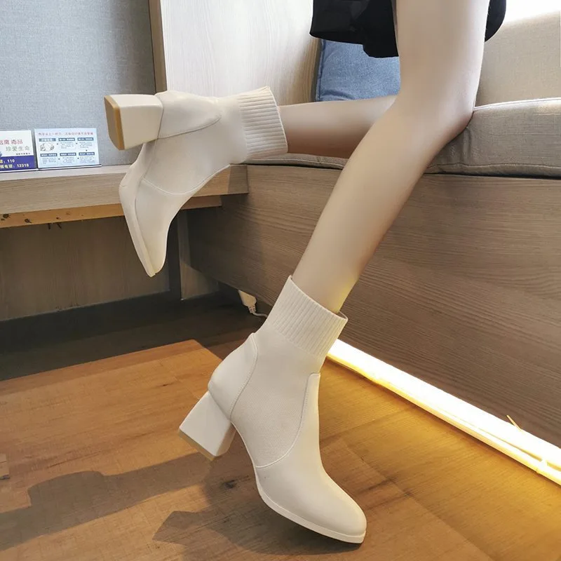 2021 New Autumn and Winter Women's Boots Knitted Elastic Socks Boots Square Toe Thick Heel Boots Fashion Ankle Chelsea Boots