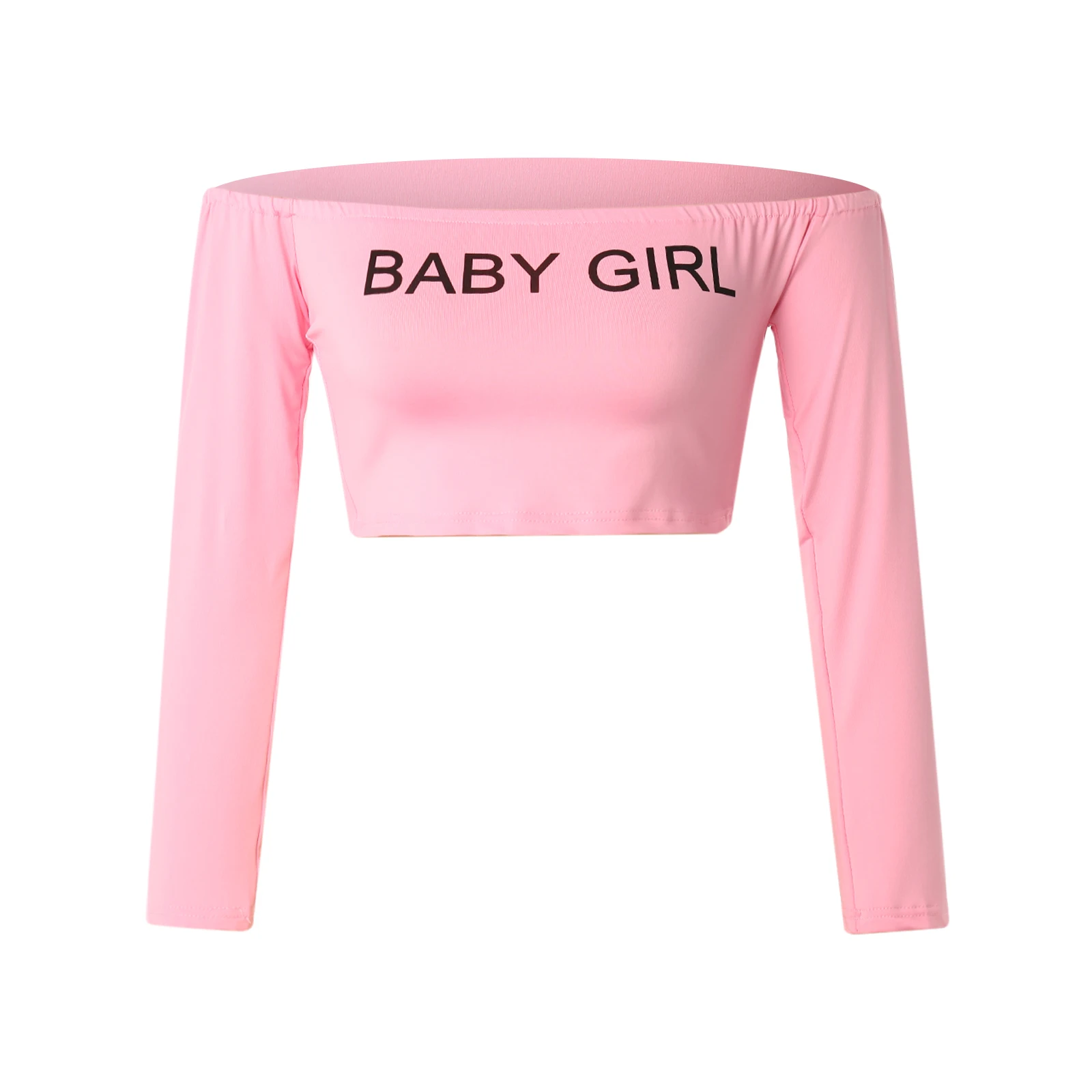 Elegant Off the Shoulder Crop Top Long Sleeve Baby Pink Women's Tops  (Women's)