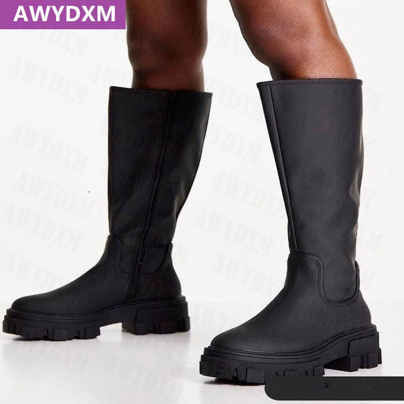Fashion New Designer Knee-High Snow Boots Oxford Platform Gladiator Motorcycle 2021 Winter Mid Heels Shoes Women Warm Boots Lady 3