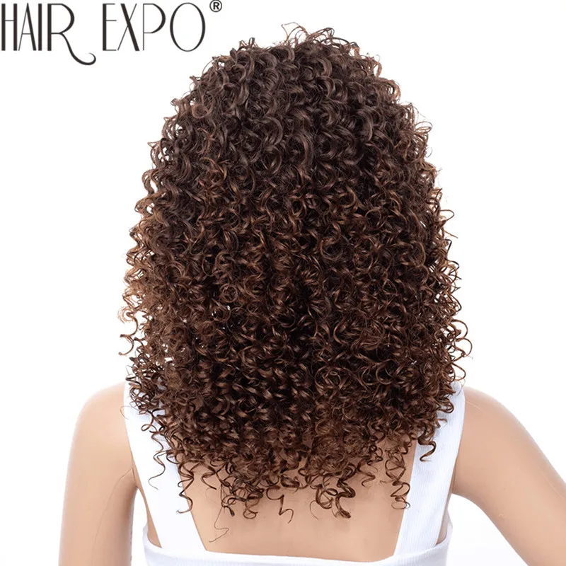 14 дюймов короткие кудрявые вьющиеся парик афро-американские парики для чернокожих Для женщин коричневый смешанный светлые синтетические термостойкие парики с челкой