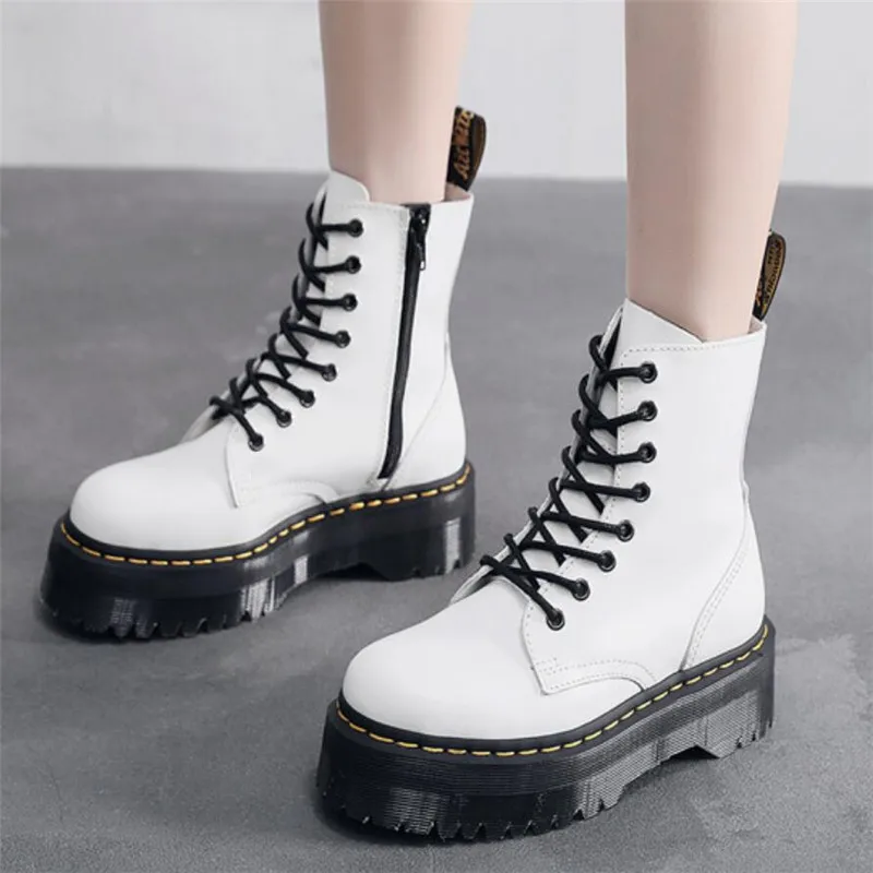 

Thick Heel Genuine Leather Boots Women Lace Up Platform Wedges Woman Shoes Ladies Spring Autumn Short Boots Female Black Boots