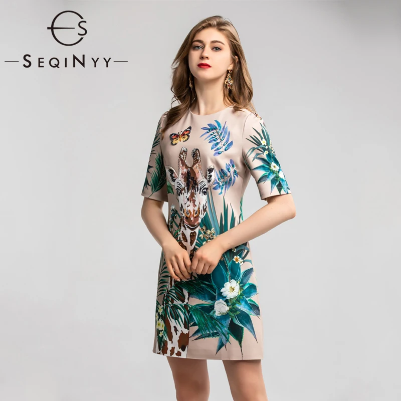 SEQINYY, розовое мини-платье, лето-весна, модный дизайн, высокое качество, женское платье с коротким рукавом, украшенное кристаллами, бисером, животным принтом