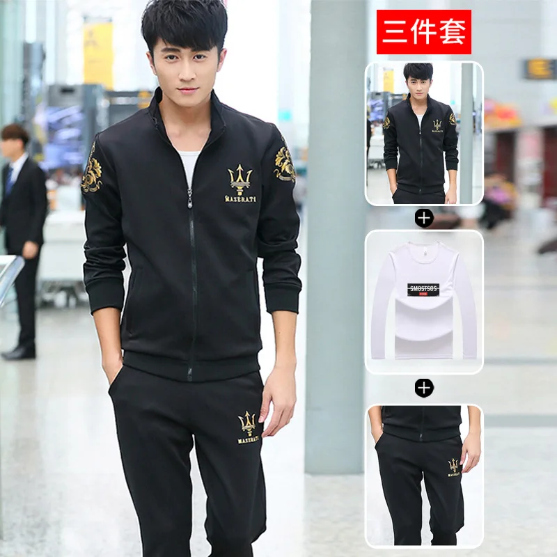 

2019 Autumn And Winter New Style Hoodie Sports Casual Jacket Suits Men's Stand Collar Cardigan Three-piece Set Men'S Wear