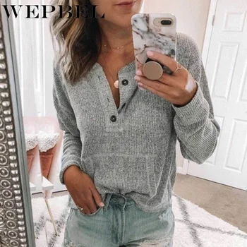 

WEPBEL Women T Shirt Button Solid Color Fashion Autumn New Ladies Casual Full Sleeve Loose S-5XL Tops T-shirt