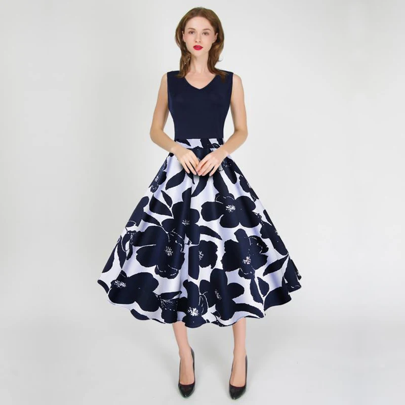 as picture 50's retro elegant casual ladies style petticoat summer hot sale sleeveless printed slim dress - Цвет: as picture