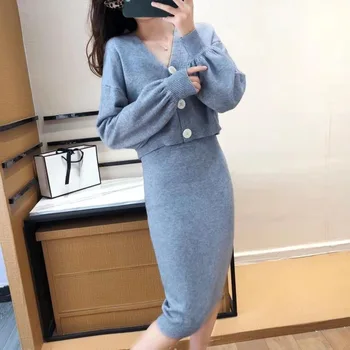 

2020 New Autumn Woman Knit Sutis Solid Open Stitch + Pencil Skrit Set for Woman Female Casual 2pcs Suit Set Winter Basic Set